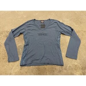 Harley-Davidson Shirt Womens Medium Blue V Neck Lace Side Long Sleeve Studded